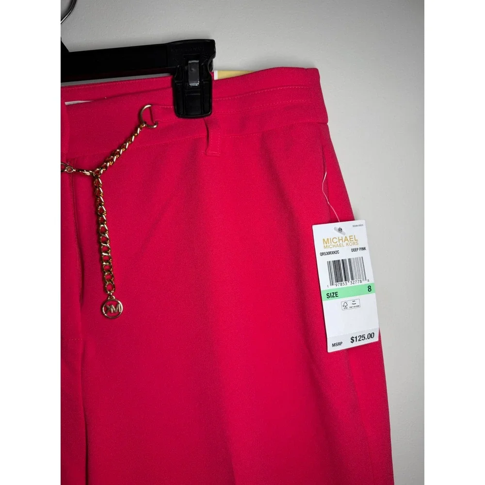 Michael Kors Deep Pink High-Rise Straight Ankle Pants with Gold Chain Detail 8